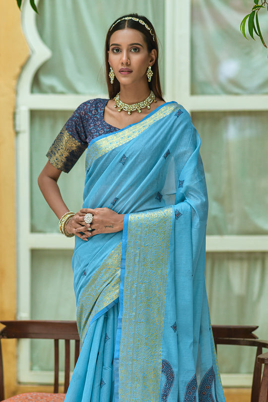 Pastel Blue Pure Cotton Saree