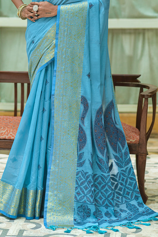 Pastel Blue Pure Cotton Saree