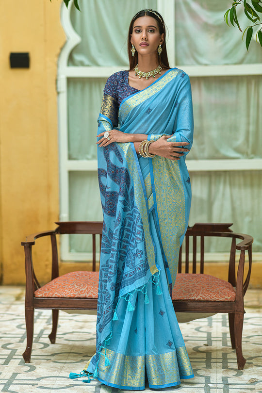 Pastel Blue Pure Cotton Saree