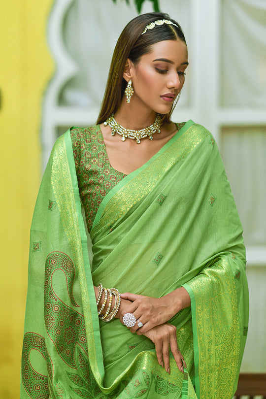 Pista Green Pure Cotton Saree