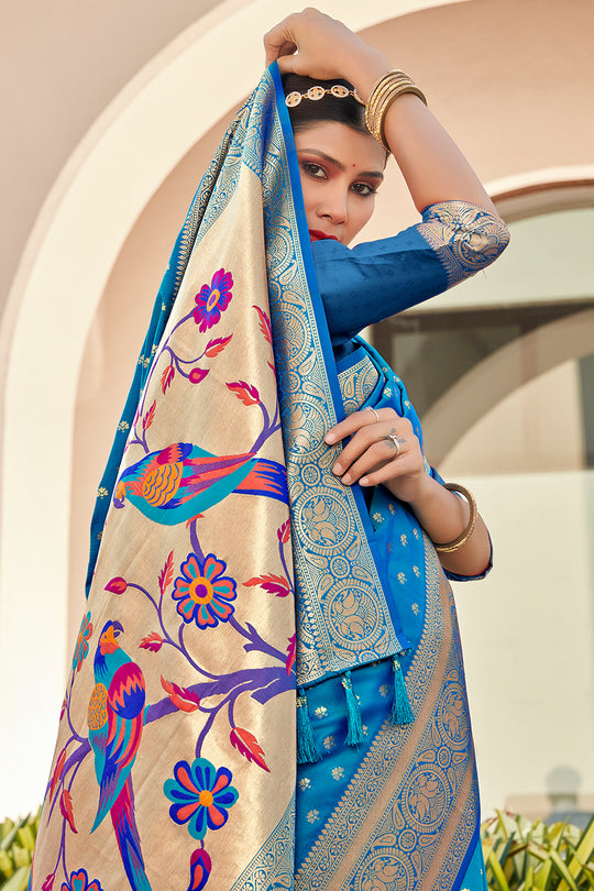 Cyan Blue Paithani Saree