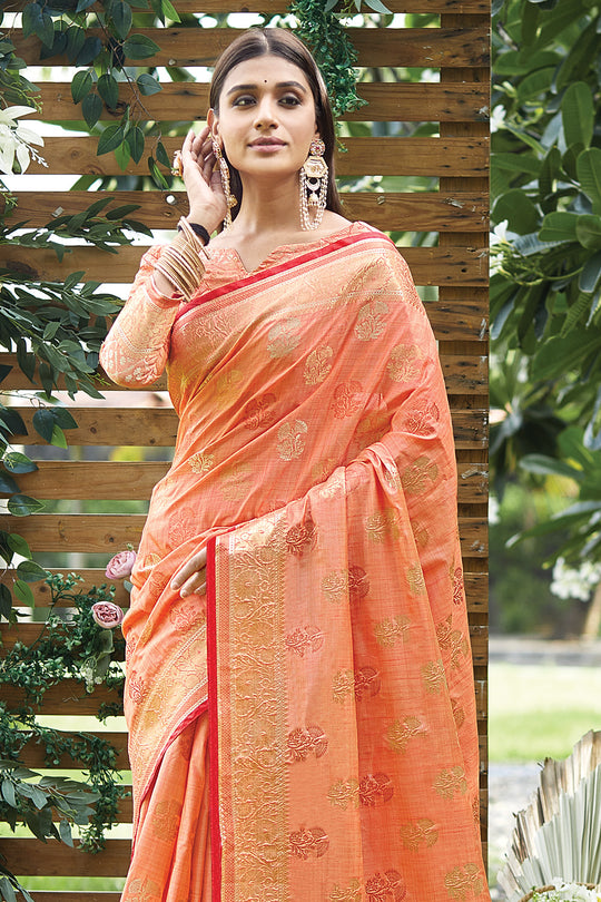 Cantaloupe Orange Silk Saree