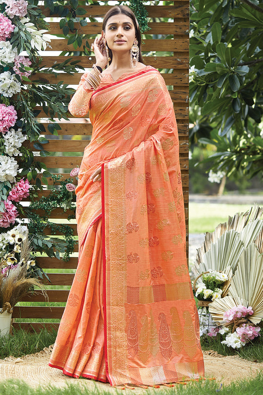 Cantaloupe Orange Silk Saree
