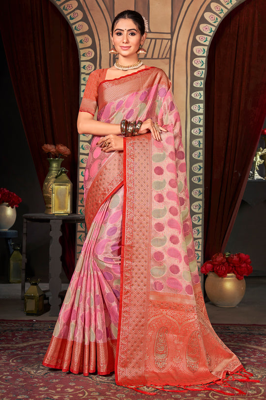 Flamingo Pink Organza Saree