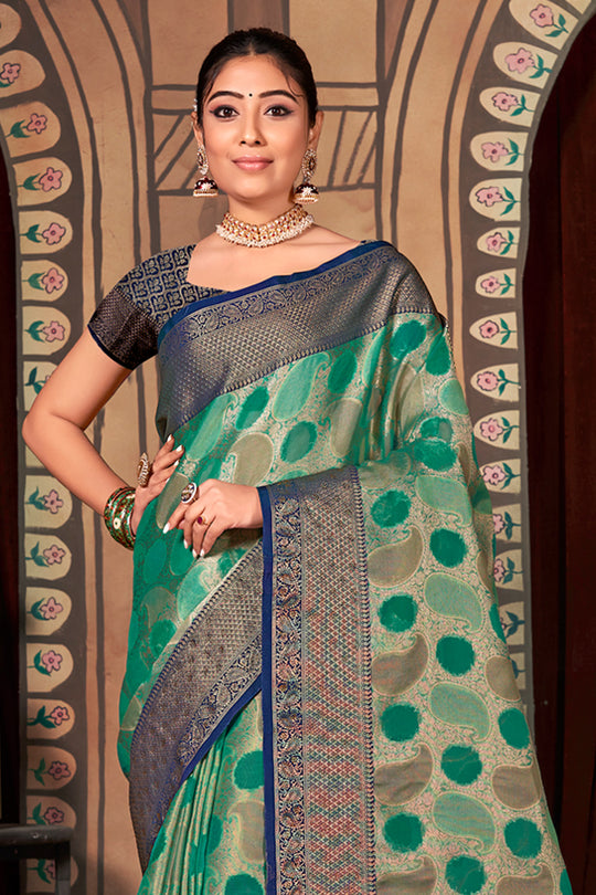 Green And Blue Organza Saree