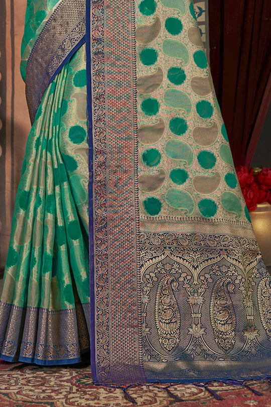 Green And Blue Organza Saree