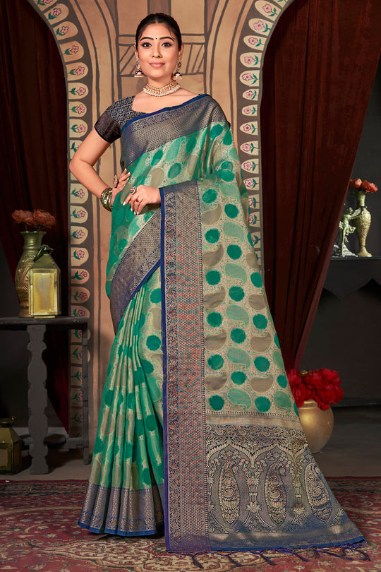 Green And Blue Organza Saree