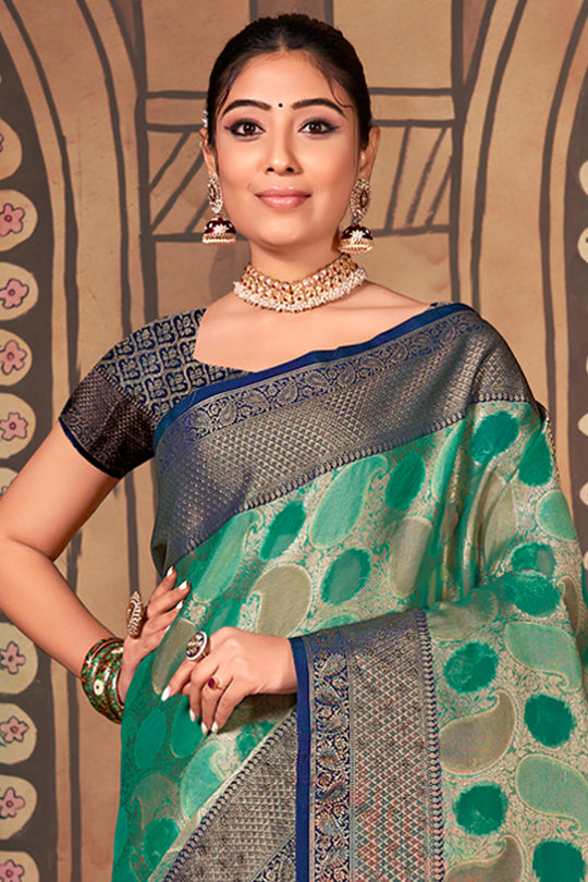 Green And Blue Organza Saree