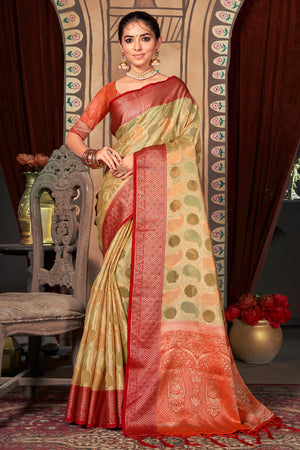 Beige And Red Organza Saree