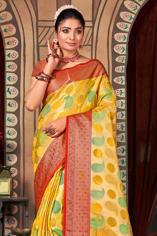 Yellow And Red Organza Saree