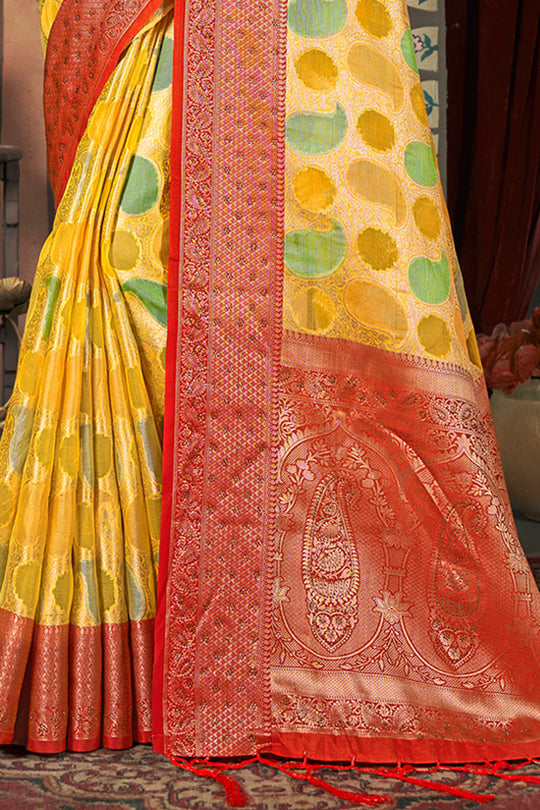 Yellow And Red Organza Saree
