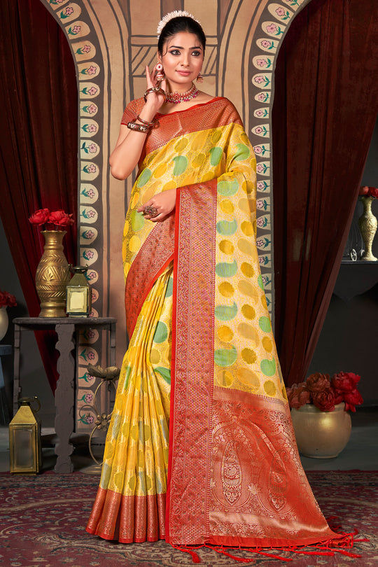 Yellow And Red Organza Saree