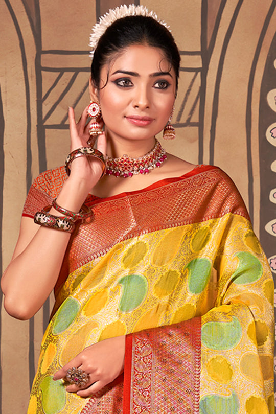 Yellow And Red Organza Saree