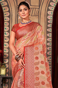 Peach And Red Organza Saree