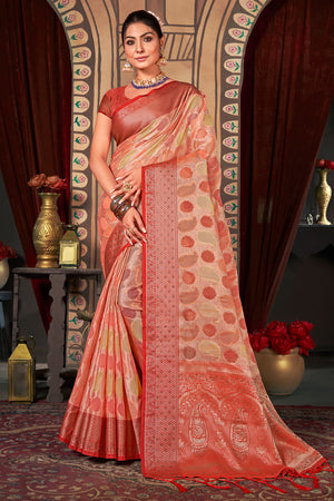 Peach And Red Organza Saree