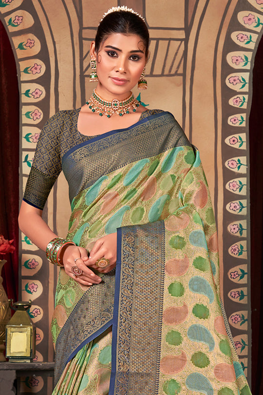 Green And Blue Organza Saree