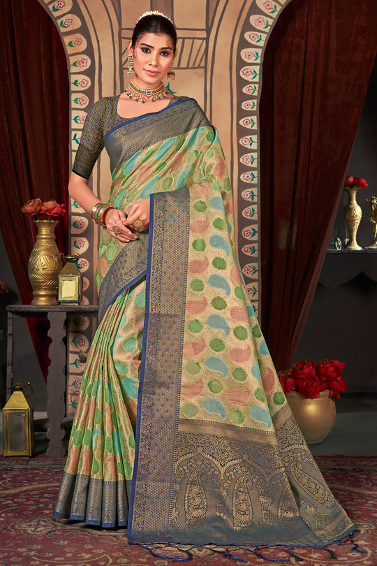 Green And Blue Organza Saree