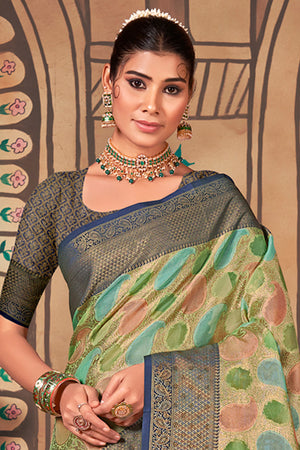 Green And Blue Organza Saree
