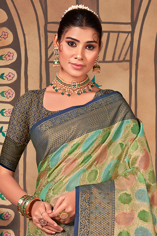 Green And Blue Organza Saree