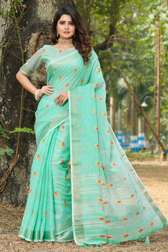Mint Green Linen Blend Saree