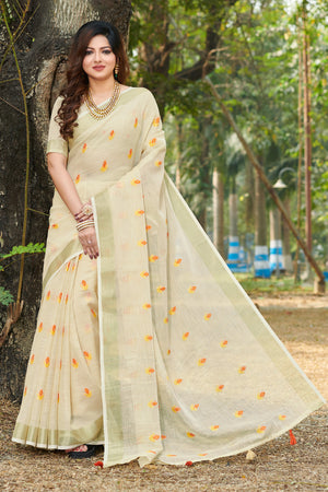 Buttermilk Beige Linen Saree