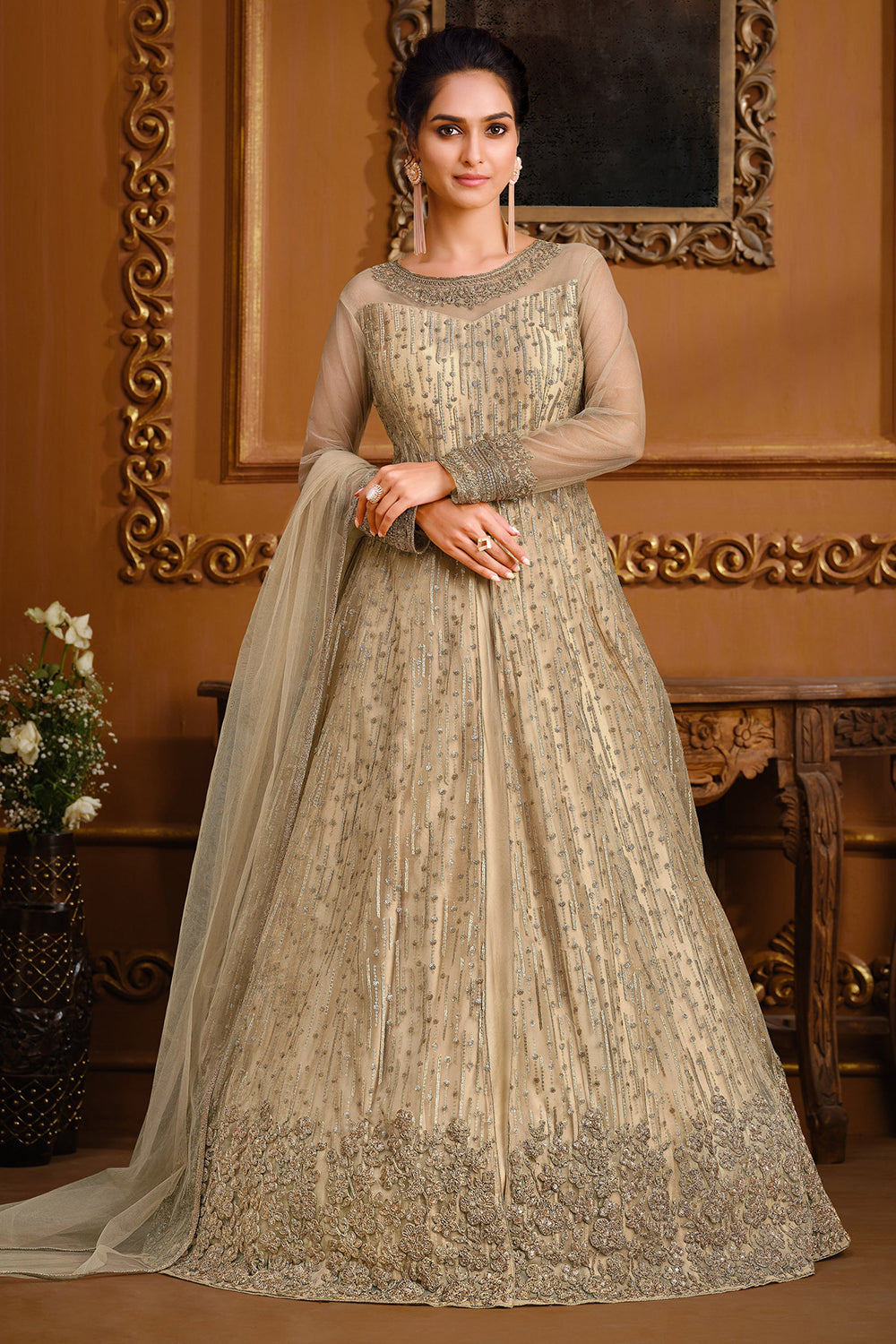 Beige Color Party Wear Printed Readymade Anarkali Dress In Georgette Fabric