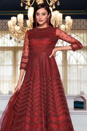 Currant Red Heavy Embroidered Anarkali Dress