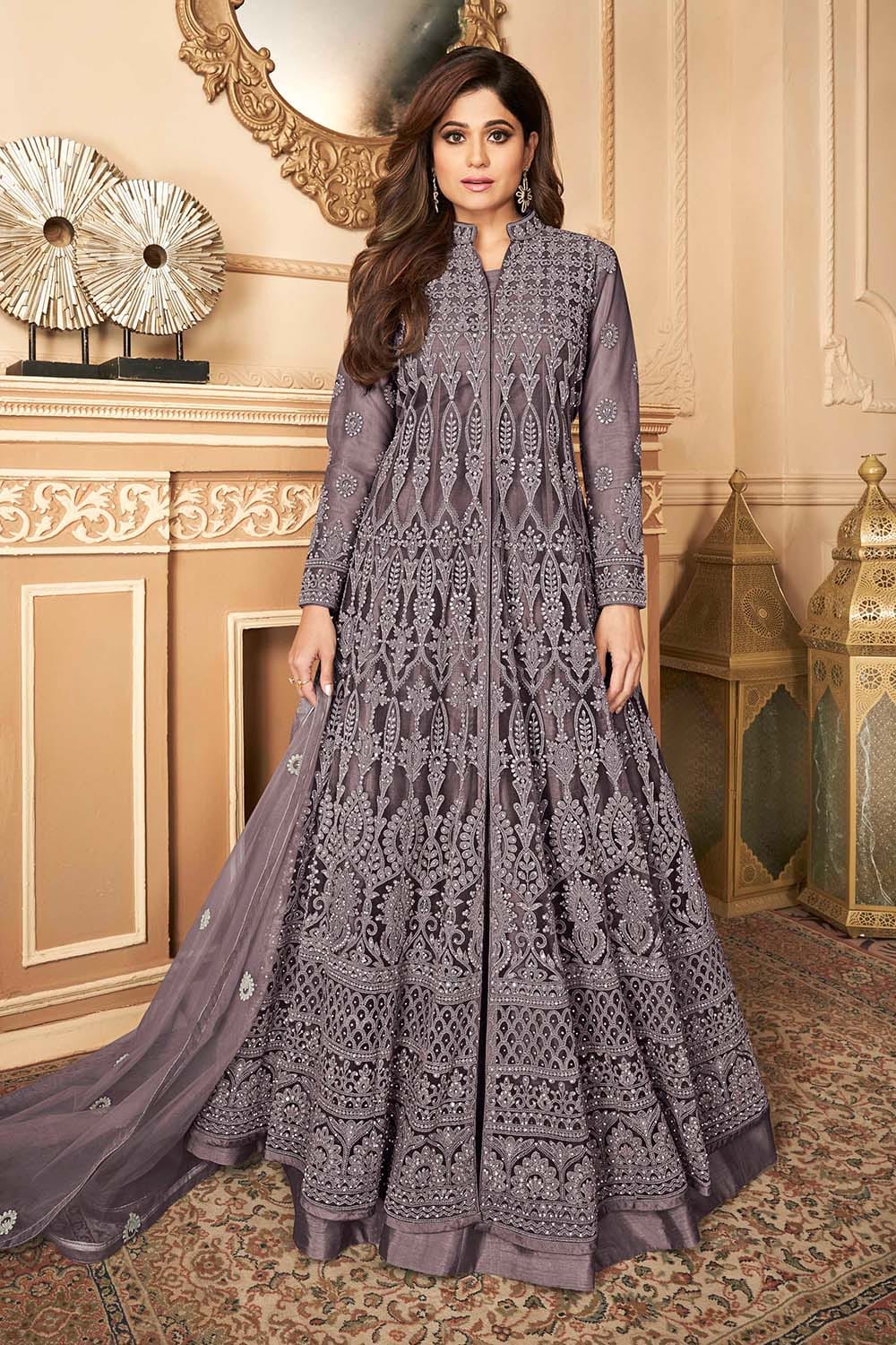 Buy Mauve Violet Heavy Embroidery Anarkali Dress 20984 Online | Karagiri Buy Mauve Violet Heavy Embroidery Anarkali Dress 20984 Online | Karagiri