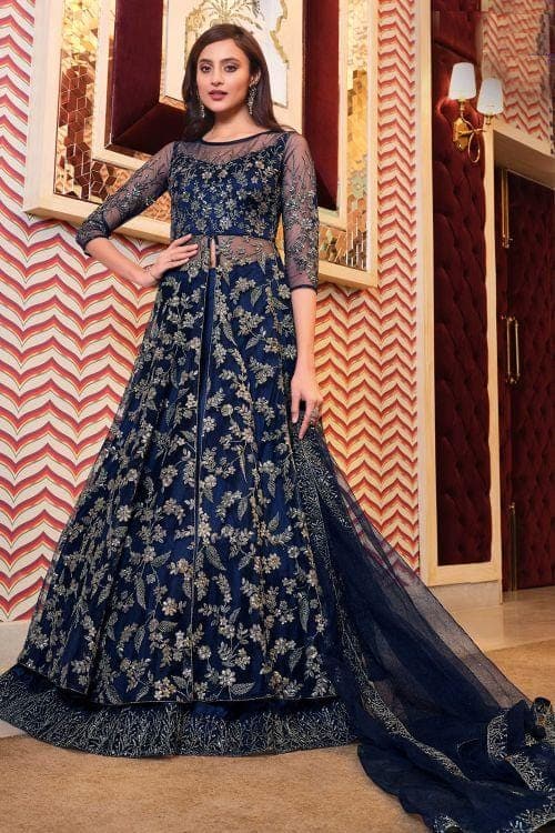 Buy Navy Blue Heavy Embroidered Anarkali Dress 27504 Online | Karagiri Buy Navy Blue Heavy Embroidered Anarkali Dress 27504 Online | Karagiri