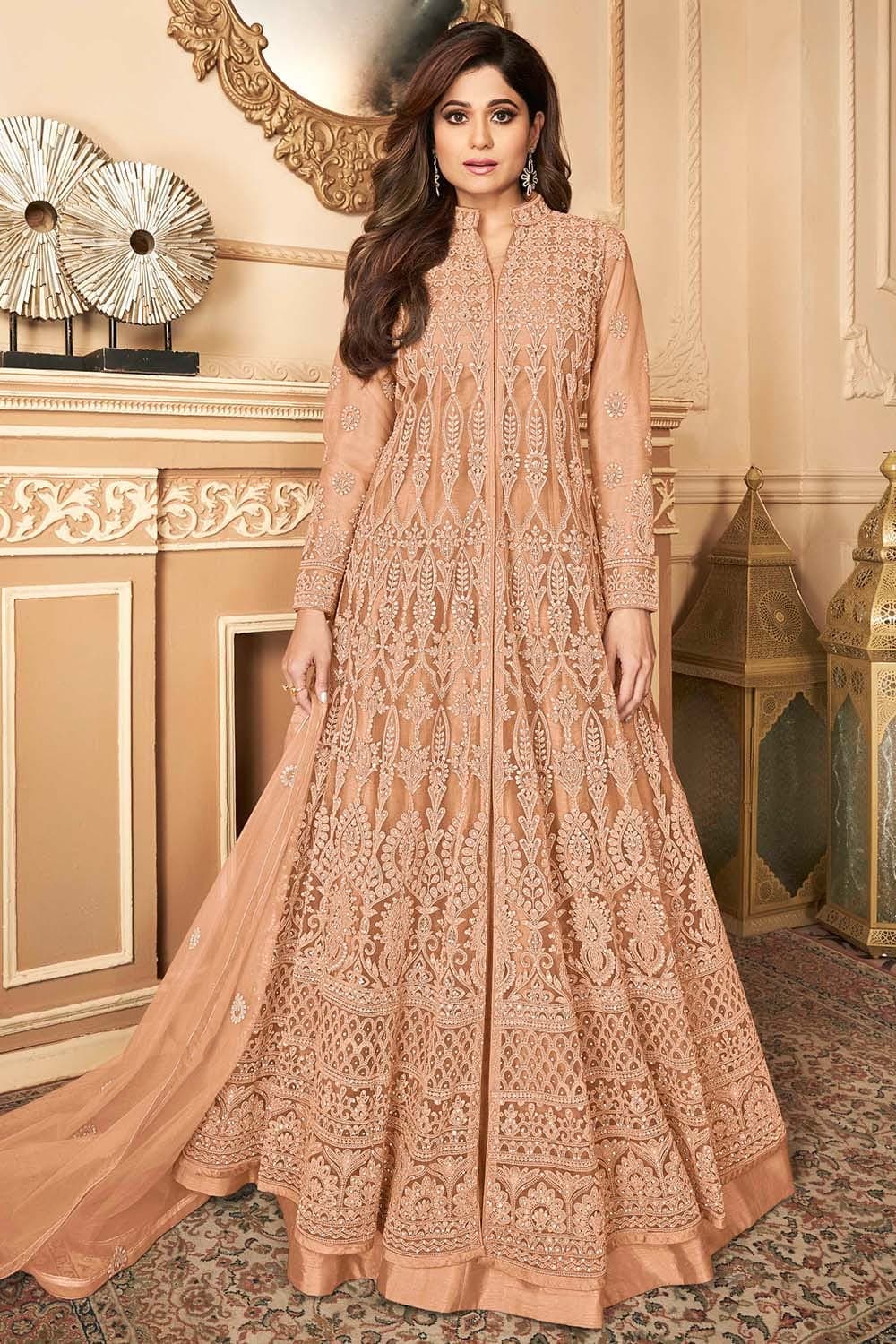 Buy Pastel Peach Heavy Embroidery Anarkali Dress 85925 Online | Karagiri Buy Pastel Peach Heavy Embroidery Anarkali Dress 85925 Online | Karagiri