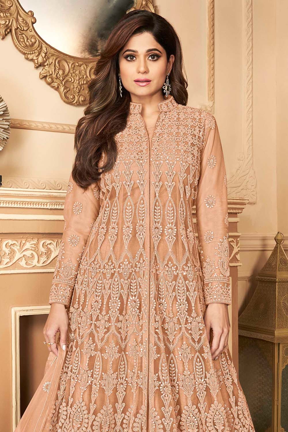 Peach Embroidered Anarkali Suit - Rent