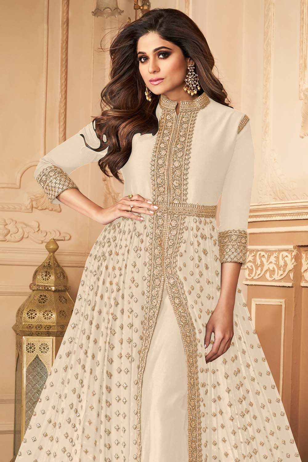 Womens Cotton White Anarkali Style Long Gown Kurta Set with Dupatta