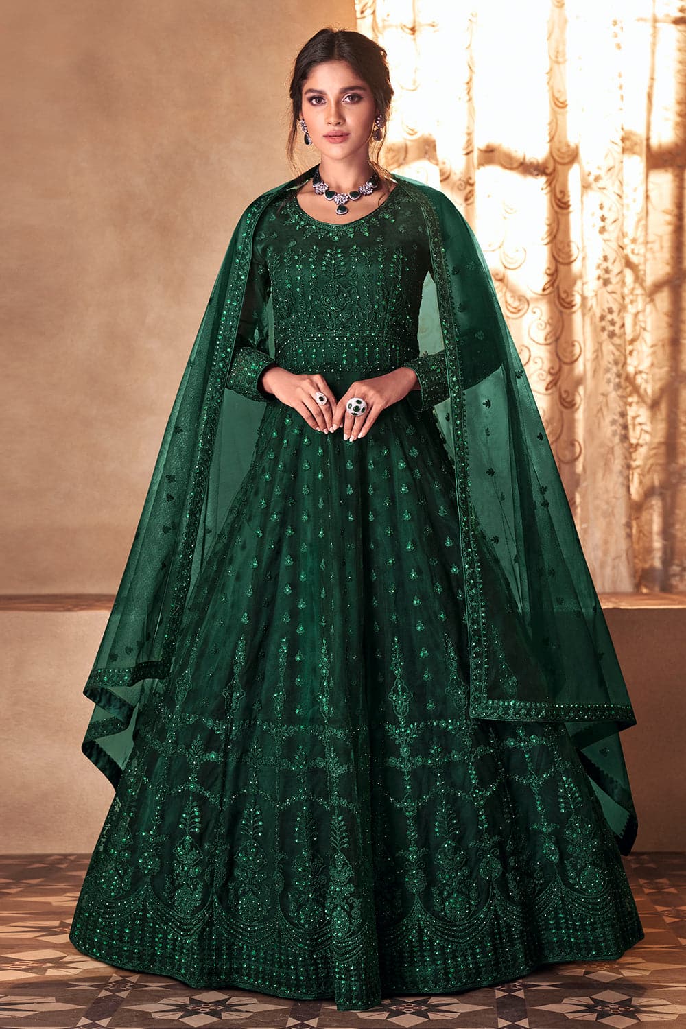 Buy Pine Green Anarkali Dress 27019 Online | Karagiri Buy Pine Green Anarkali Dress 27019 Online | Karagiri