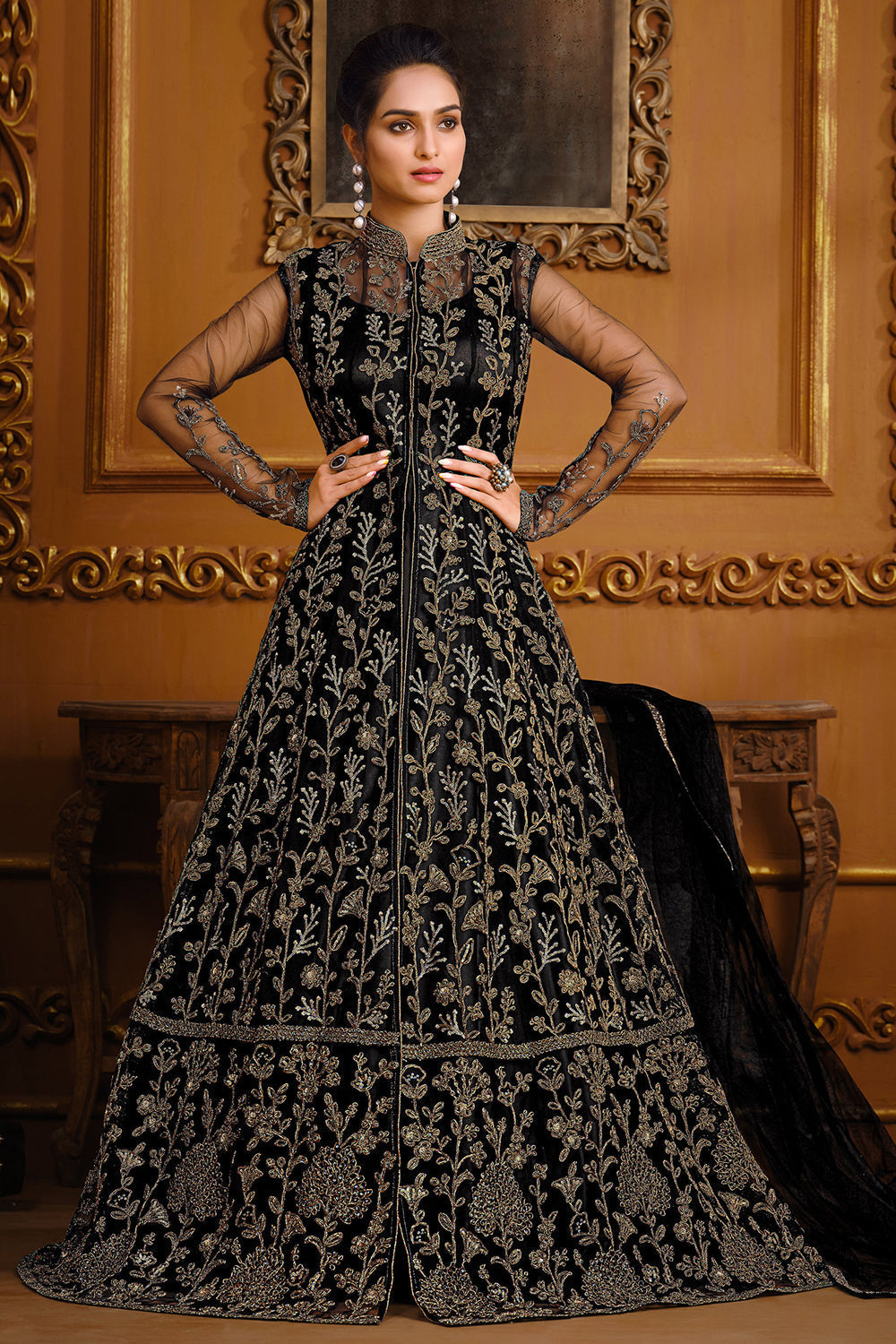 Black Embroidered Anarkali Suit In Georgette 4716SL05