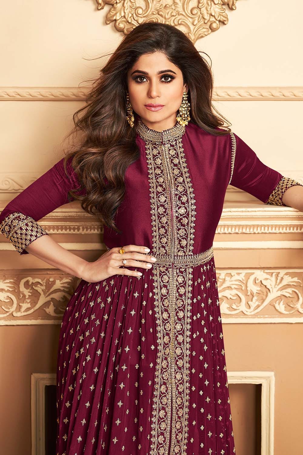 Shop Online Drashti DhamiMadhubala Designer Maroon Color Art Silk  Partywear Anarkali Suit with Embroidery and Patch work  Lady India