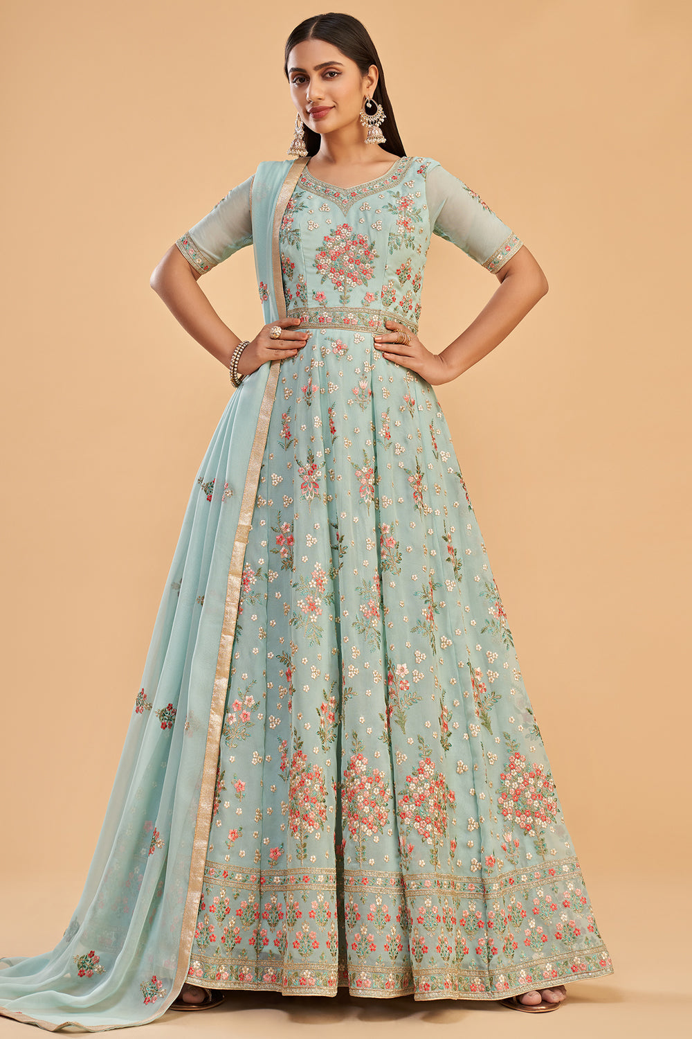 Buy Baby Blue Anarkali Suit 94661 Online | Karagiri Buy Baby Blue Anarkali Suit 94661 Online | Karagiri