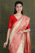 Alabaster Cream Banarasi - Chanderi Saree