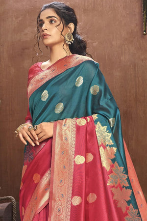 Blue And Red Banarasi Chanderi Fusion Saree