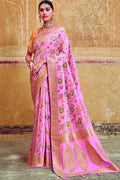 Blush pink woven Chanderi - banarasi fusion saree - Buy online on Karagiri - Free shipping to USA