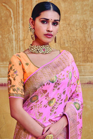 Blush Pink Woven Chanderi - Banarasi Fusion Saree