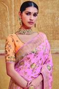 Blush pink woven Chanderi - banarasi fusion saree - Buy online on Karagiri - Free shipping to USA