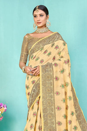 Buttermilk Yellow Banarasi Chanderi Saree