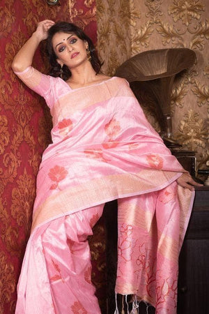 Carnation Pink Banarasi Chanderi Saree