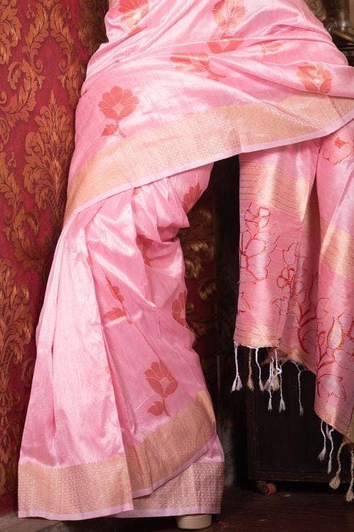 Carnation Pink Banarasi Chanderi Saree