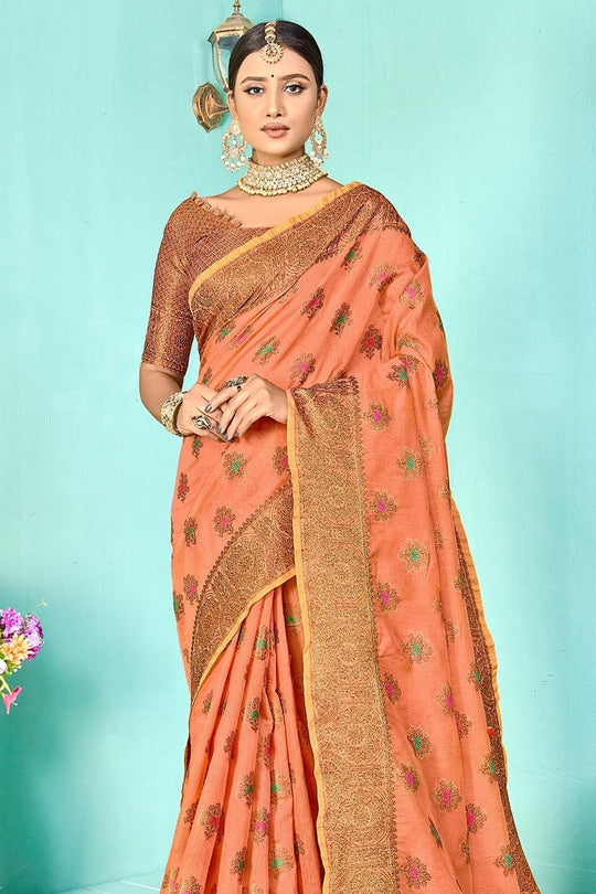 Coral Pink Banarasi Chanderi Saree