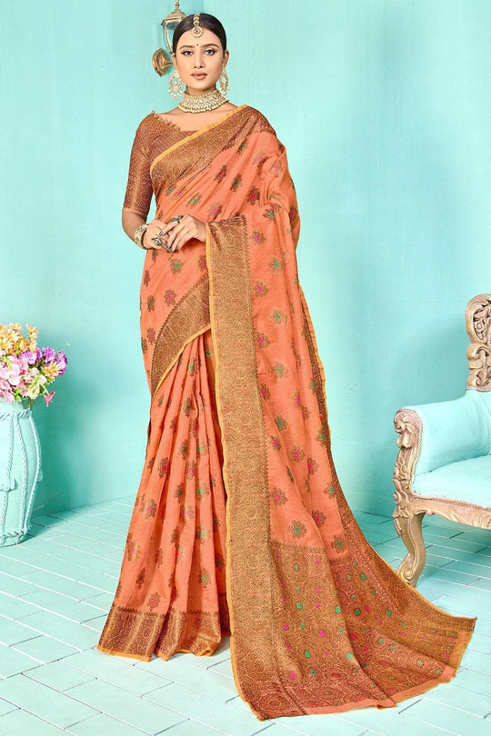 Coral Pink Banarasi Chanderi Saree
