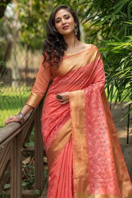 Coral Pink Banarasi Chanderi Saree