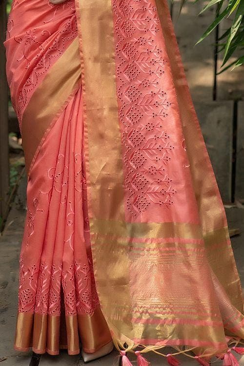 Coral Pink Banarasi Chanderi Saree