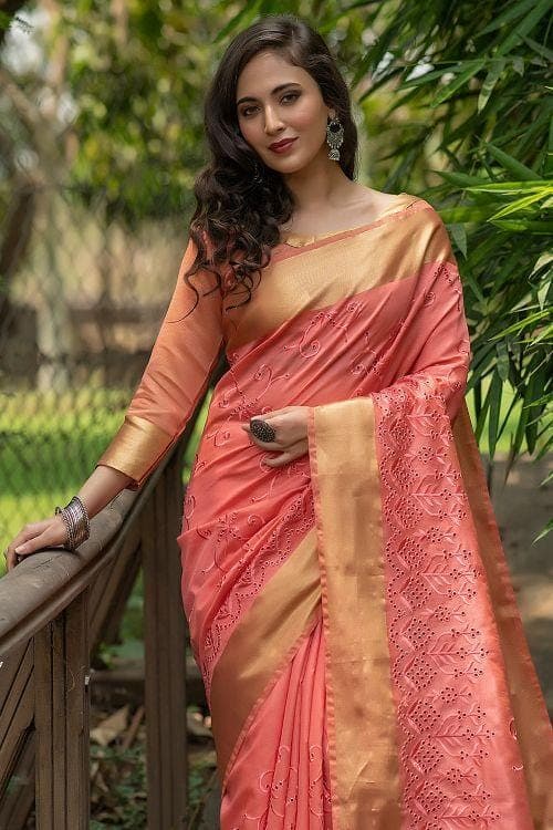 Coral Pink Banarasi Chanderi Saree