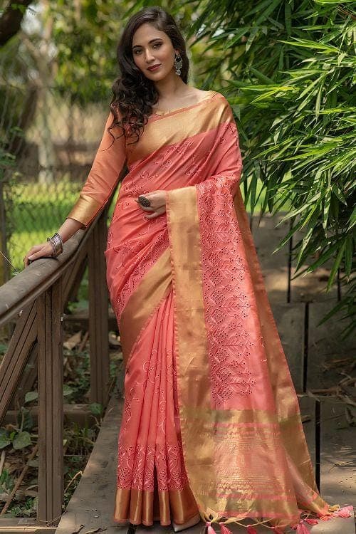 Coral Pink Banarasi Chanderi Saree